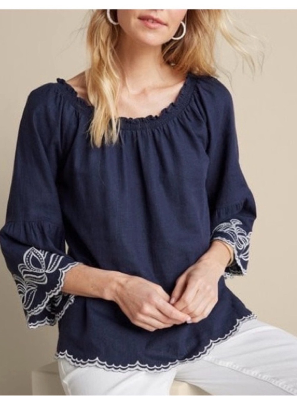 Soft Surroundings Navy Peasant Blouse with White Embroidery 2x ( no tag)